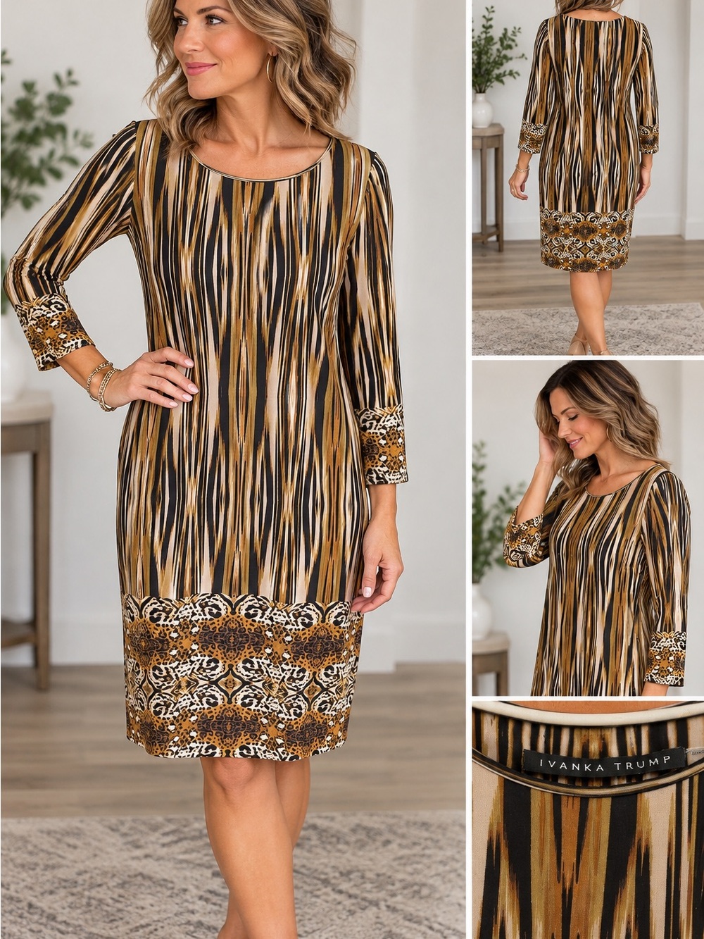 Ivanka Trump Black, Gold & Brown Printed Midi Shift Dress
